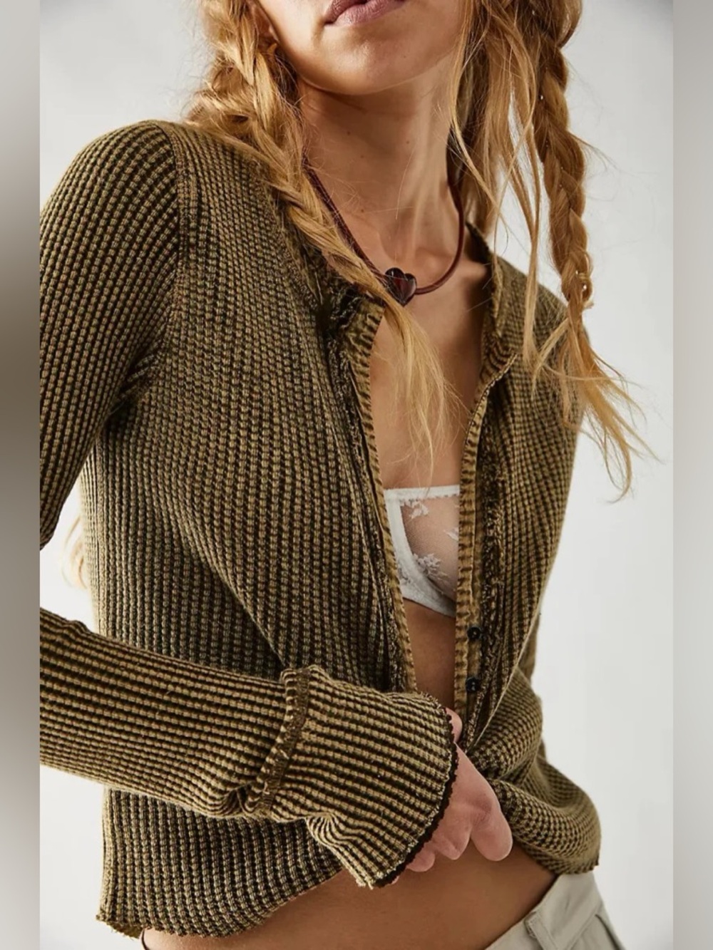 Free People FP One Colt Thermal Top Army Green Waffle Knit Size M